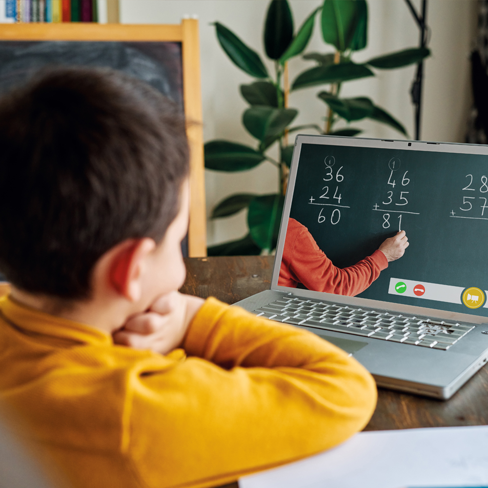 a child looking at a laptop studying math