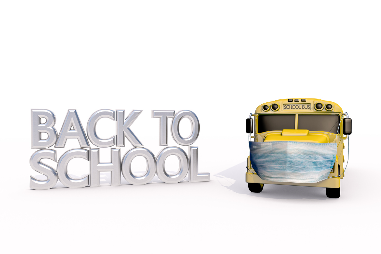 A school bus with a mask ready for school reopening 2021
